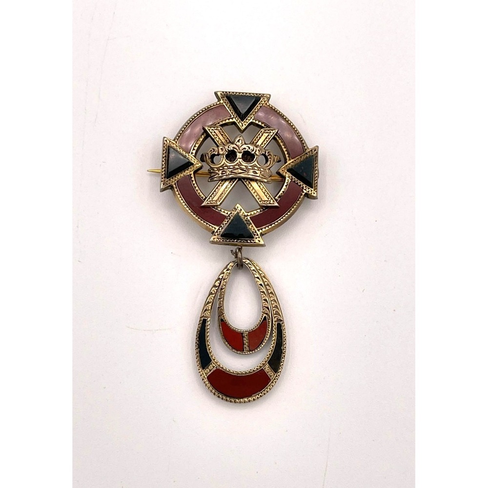 Antique Scottish Silver Bloodstone Agate Crown Cross Dangle Brooch Pin